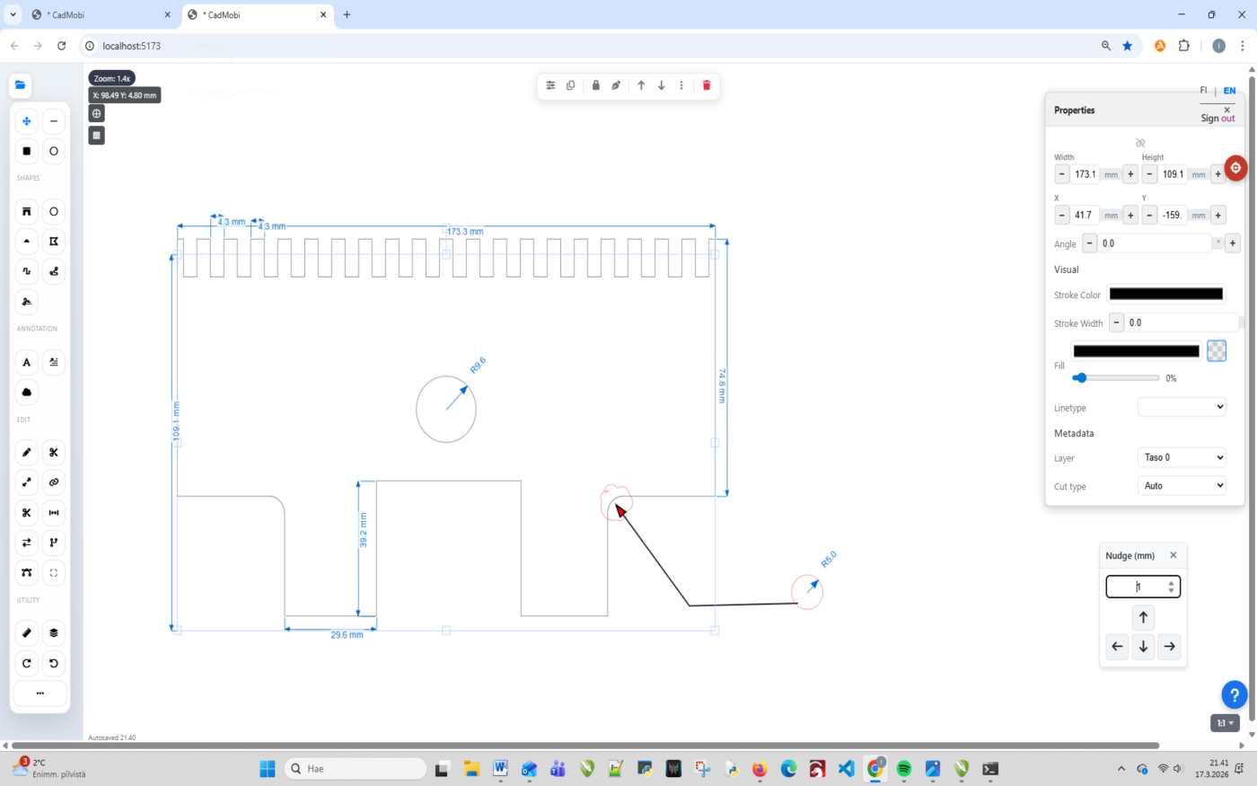 CadMobi CAD editor — 2D shapes with dimensions
